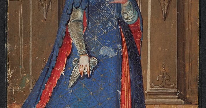 Malerei auf Pergament Vornehme Venezianerin in blauem Kleid über rotem